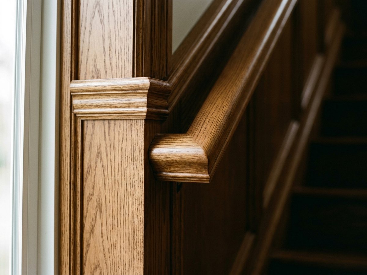 Stained oak trim and handrail with the grain showing under a satin topcoat